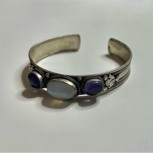 Vintage Silver Tone Mixed Metal Amethyst Moon Stone Cuff Bracelet Boho